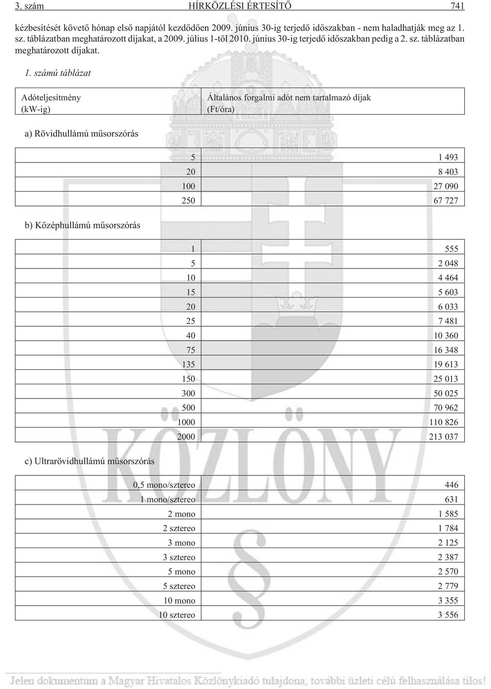 tõl 2010. június 30-ig terjedõ idõszakban pedig a 2. sz. táblázatban meghatározott díjakat. 1.