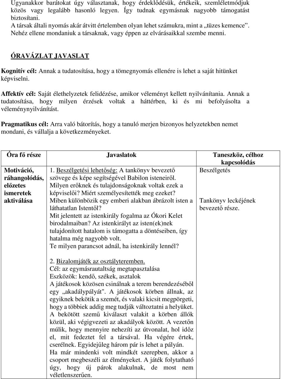 ÓRAVÁZLAT JAVASLAT Kognitív cél: Annak a tudatosítása, hogy a tömegnyomás ellenére is lehet a saját hitünket képviselni.