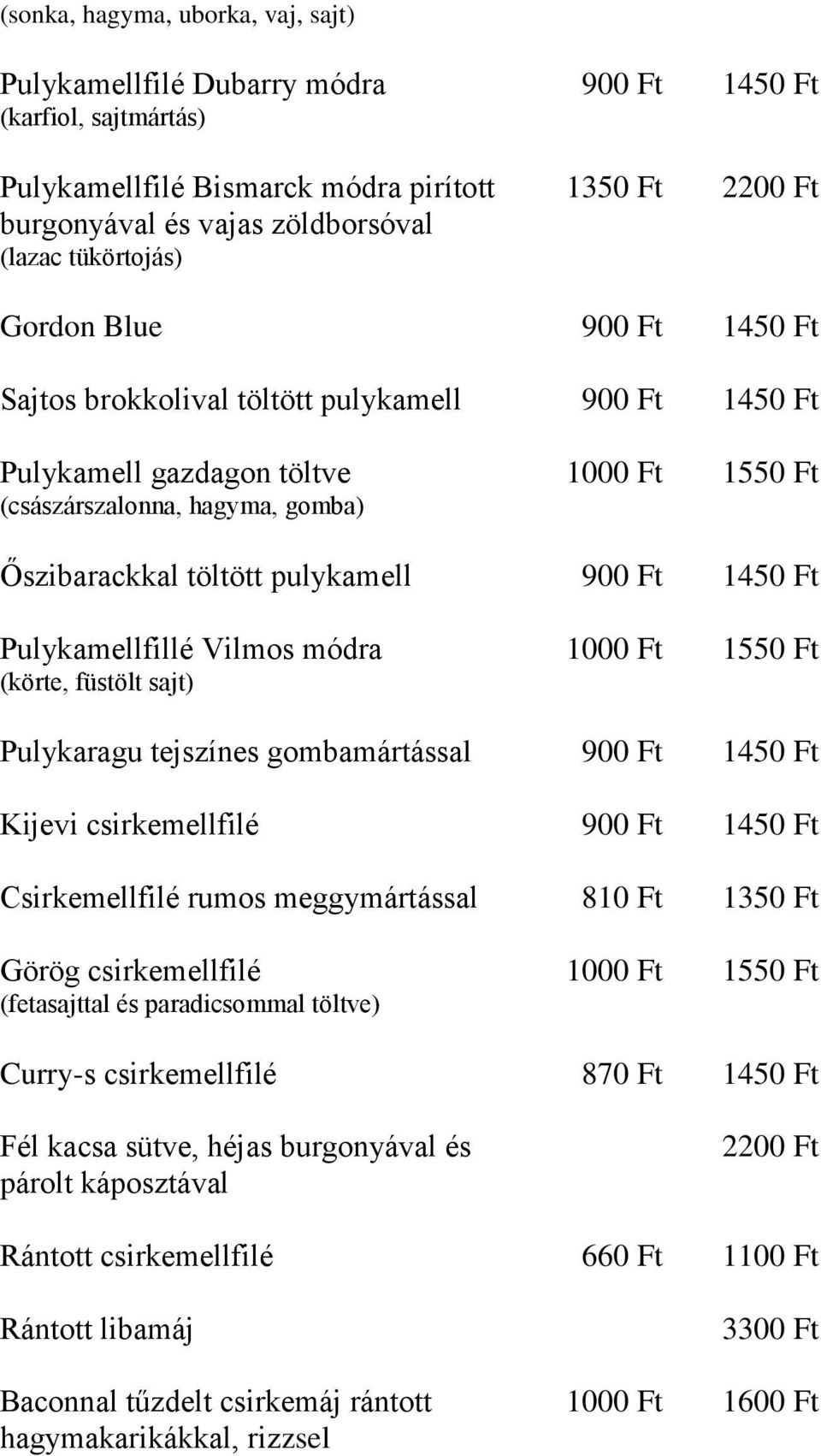 1 Pulykaragu tejszínes gombamártással Kijevi csirkemellfilé Csirkemellfilé rumos meggymártással 810 Ft 1 Görög csirkemellfilé (fetasajttal és paradicsommal töltve) 1000 Ft 1 Curry-s csirkemellfilé