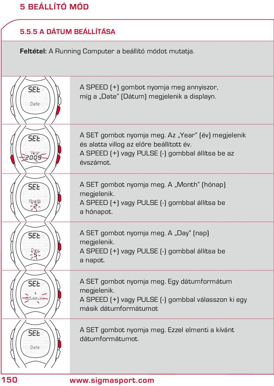 A Month (hónap) megjelenik. A SPEED (+) vagy PULSE (-) gombbal állítsa be a hónapot. A SET gombot nyomja meg. A Day (nap) megjelenik. A SPEED (+) vagy PULSE (-) gombbal állítsa be a napot.