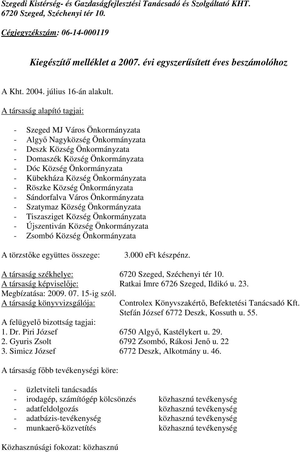 A társaság alapító tagjai: - Szeged MJ Város Önkormányzata - Algyı Nagyközség Önkormányzata - Deszk Község Önkormányzata - Domaszék Község Önkormányzata - Dóc Község Önkormányzata - Kübekháza Község