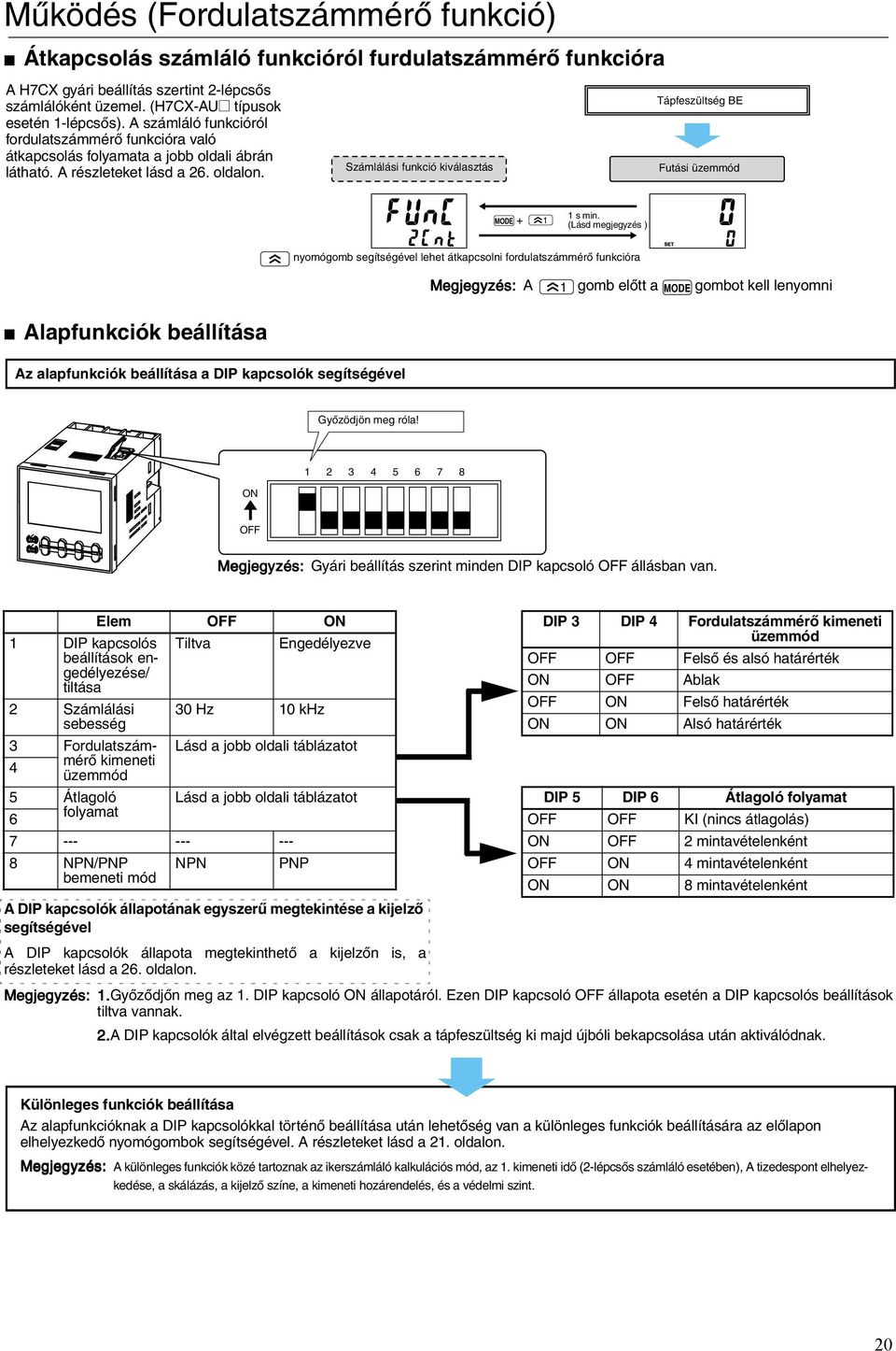 Számlálási funkció kiválasztás Tápfeszültség BE Futási üzemmód MODE + s min.