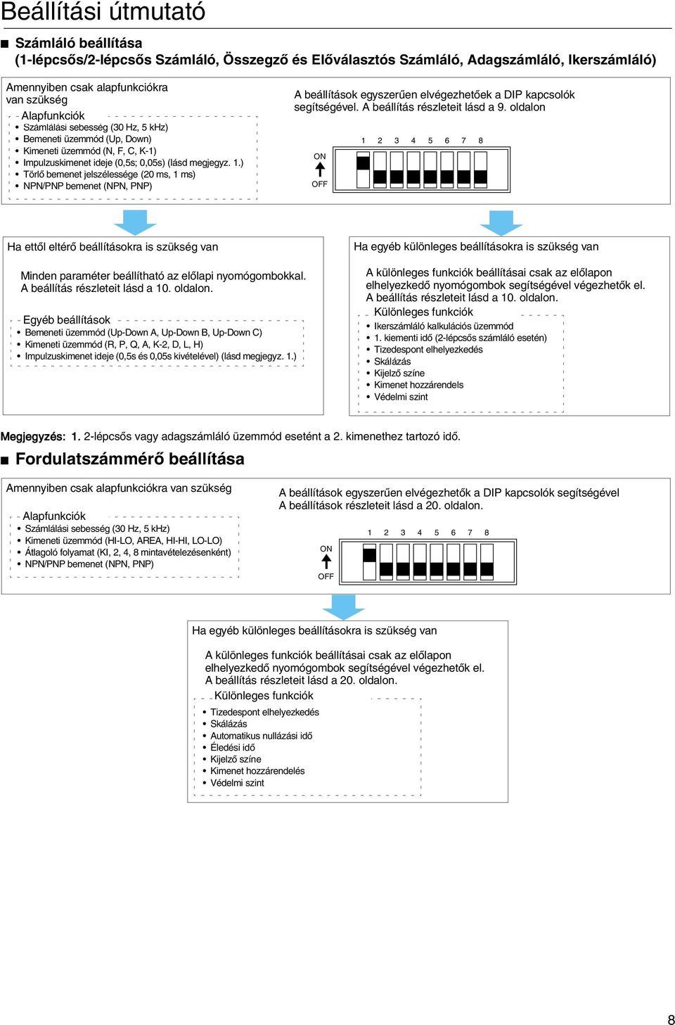 .) Törlõ bemenet jelszélessége (2 ms, ms) NPN/PNP bemenet (NPN, PNP) A beállítások egyszerûen elvégezhetõek a DIP kapcsolók segítségével. A beállítás részleteit lásd a 9.