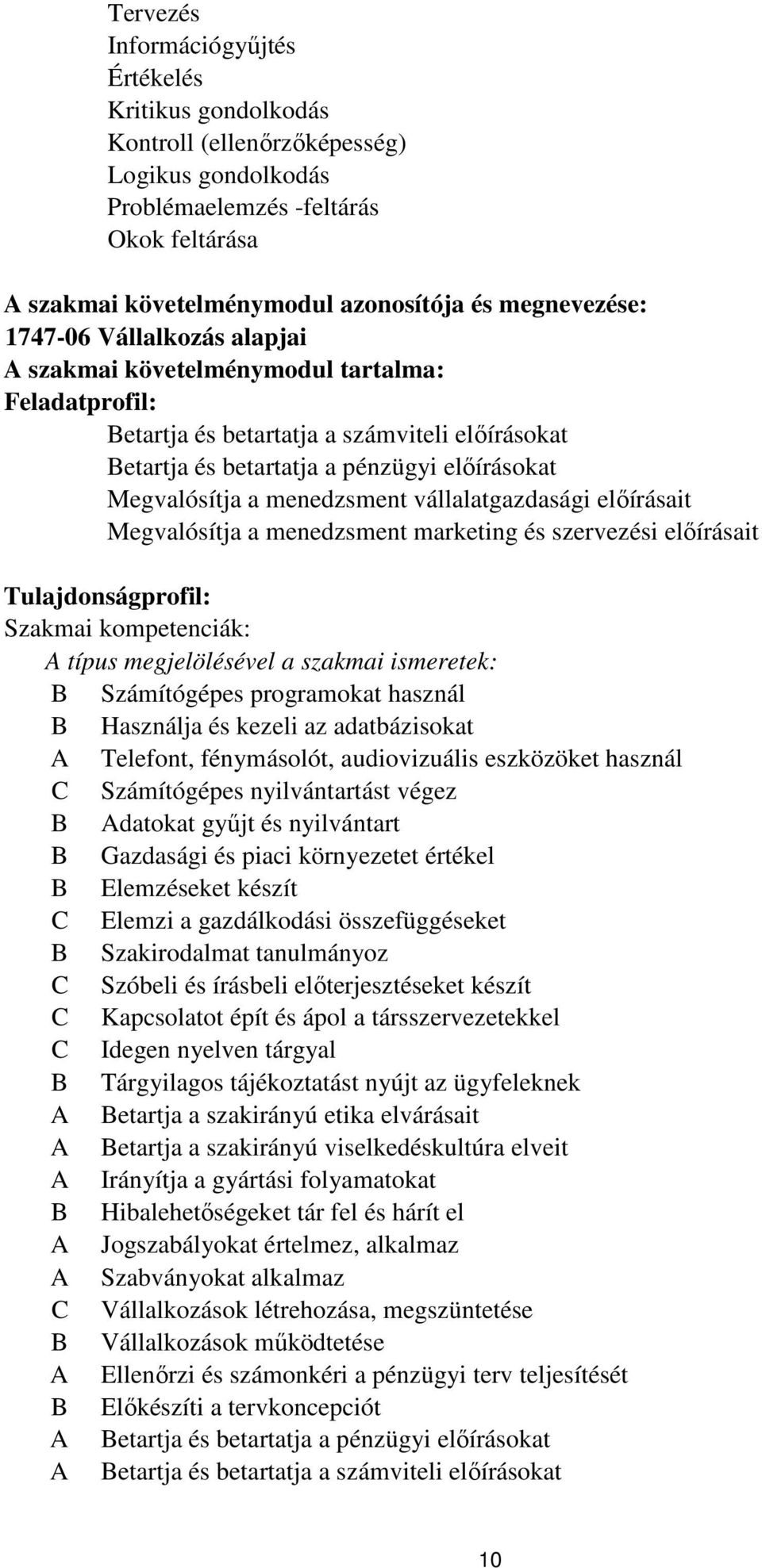 menedzsment vállalatgazdasági előírásait Megvalósítja a menedzsment marketing és szervezési előírásait Tulajdonságprofil: Szakmai kompetenciák: típus megjelölésével a szakmai ismeretek: Számítógépes