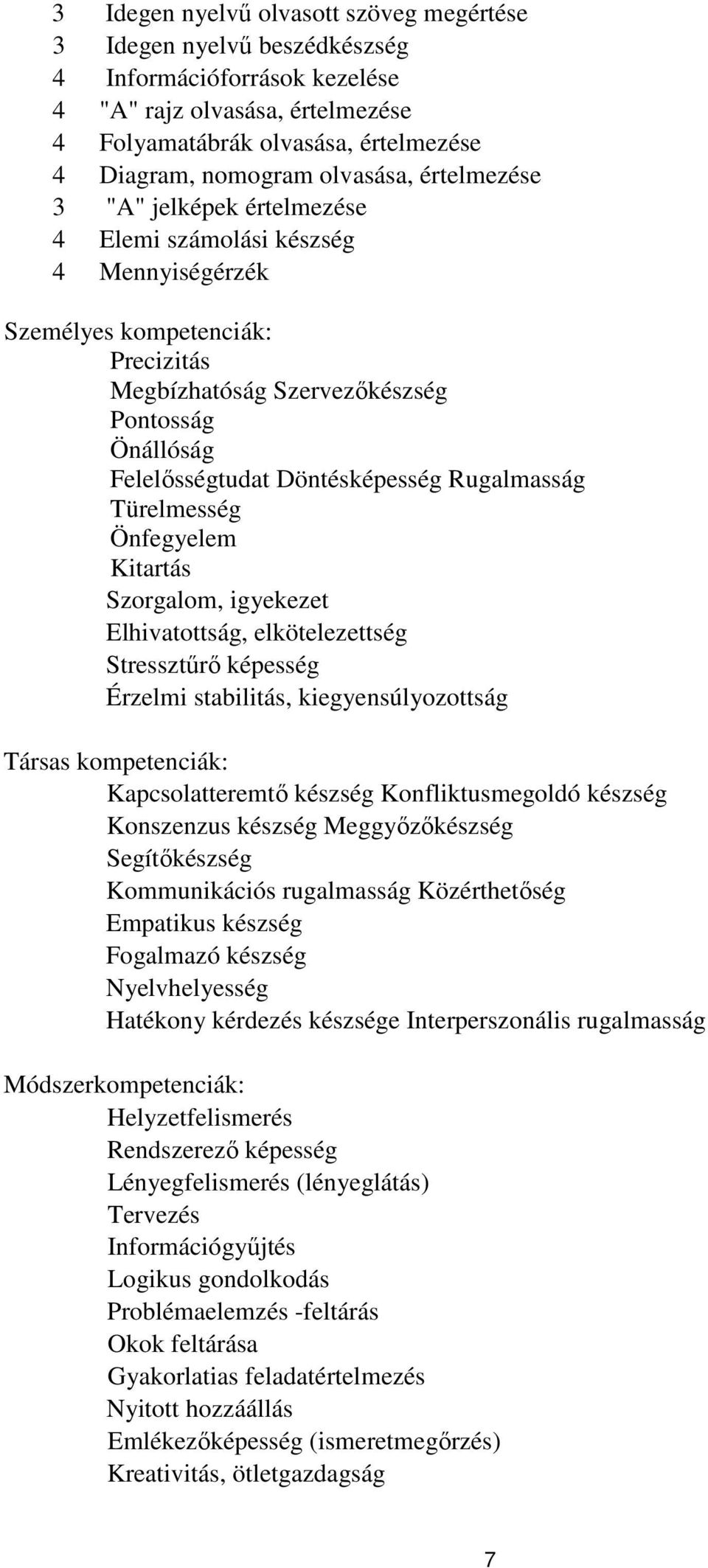 Döntésképesség Rugalmasság Türelmesség Önfegyelem Kitartás Szorgalom, igyekezet Elhivatottság, elkötelezettség Stressztűrő képesség Érzelmi stabilitás, kiegyensúlyozottság Társas kompetenciák: