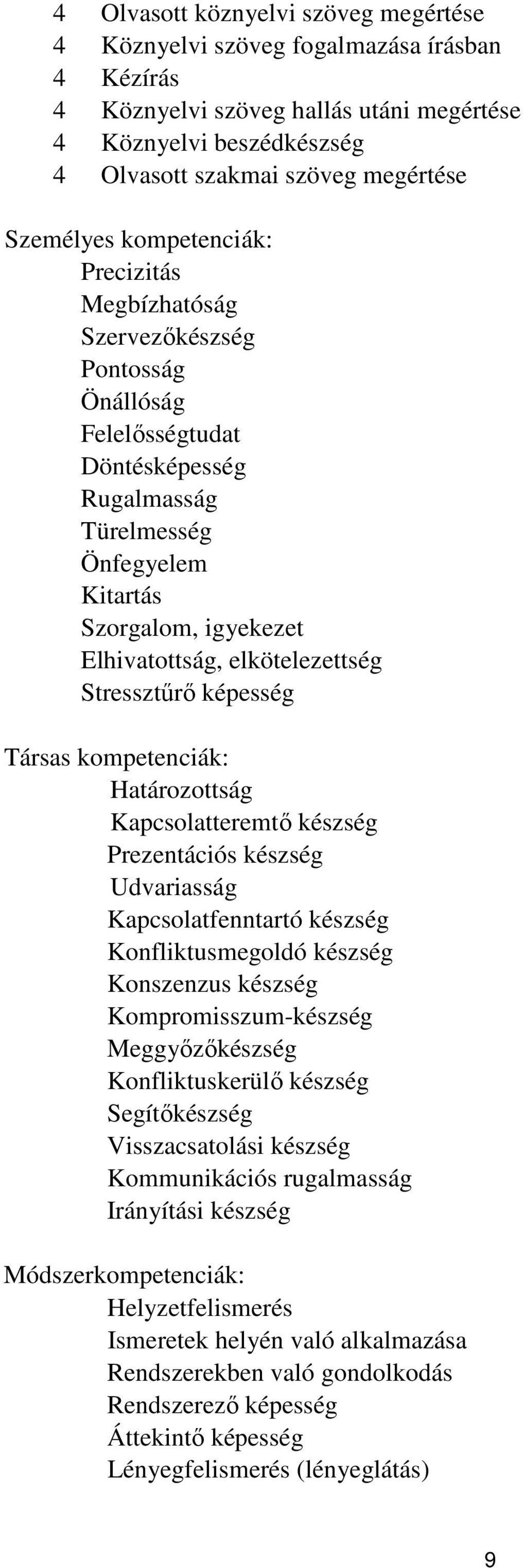 elkötelezettség Stressztűrő képesség Társas kompetenciák: Határozottság Kapcsolatteremtő készség Prezentációs készség Udvariasság Kapcsolatfenntartó készség Konfliktusmegoldó készség Konszenzus