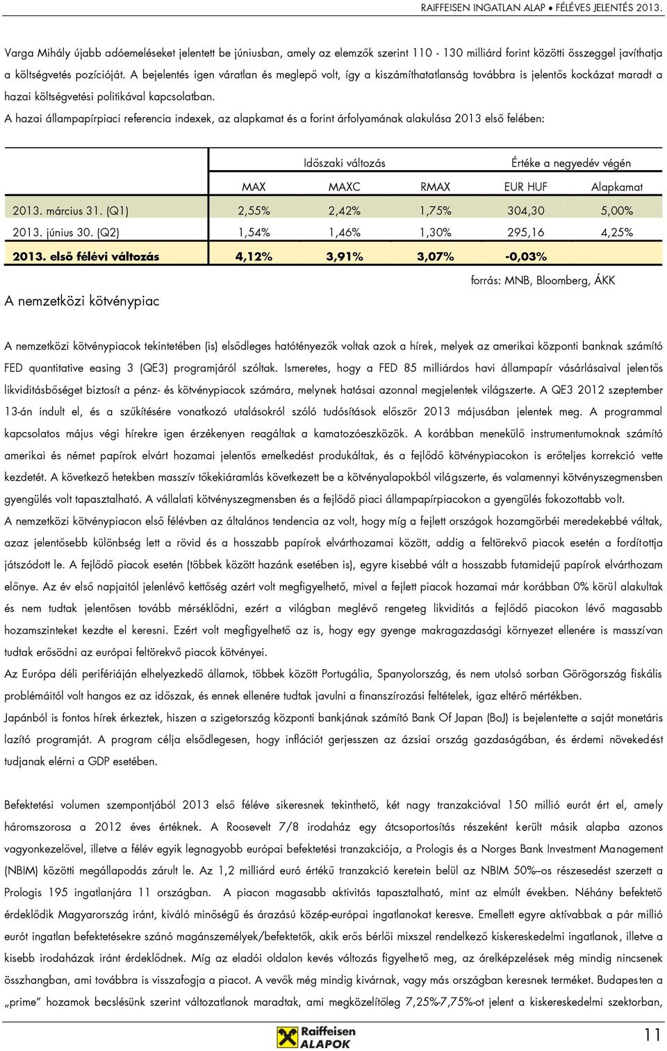 A hazai állampapírpiaci referencia indexek, az alapkamat és a forint árfolyamának alakulása 2013 első felében: Időszaki változás Értéke a negyedév végén MAX MAXC RMAX EUR HUF Alapkamat 2013.