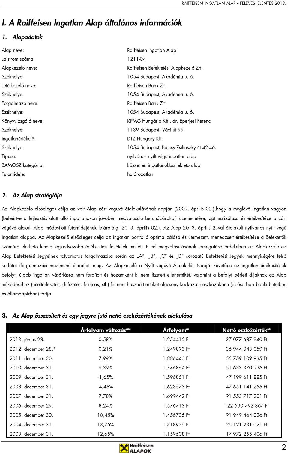 , dr. Eperjesi Ferenc Székhelye: 1139 Budapest, Váci út 99. Ingatlanértékelő: DTZ Hungary Kft. Székhelye: 1054 Budapest, Bajcsy-Zsilinszky út 42-46.