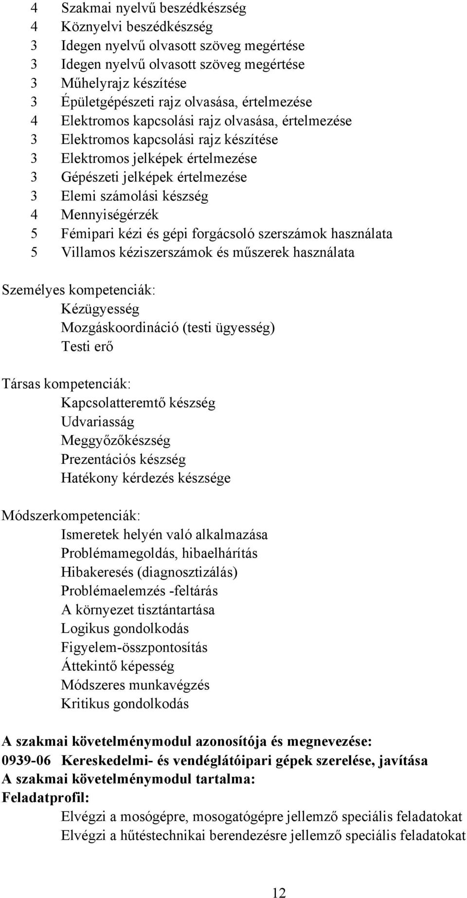 Mennyiségérzék 5 Fémipari kézi és gépi forgácsoló szerszámok használata 5 Villamos kéziszerszámok és műszerek használata Személyes kompetenciák: Kézügyesség Mozgáskoordináció (testi ügyesség) Testi