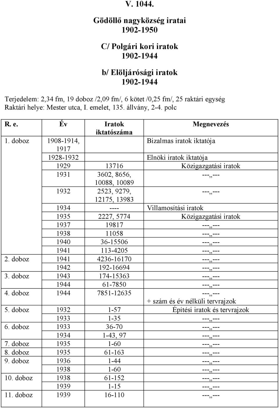 doboz 1908-1914, Bizalmas iratok iktatója 1917 1928-1932 Elnöki iratok iktatója 1929 13716 Közigazgatási iratok 1931 3602, 8656, --- --- 10088, 10089 1932 2523, 9279, --- --- 12175, 13983 1934 ----