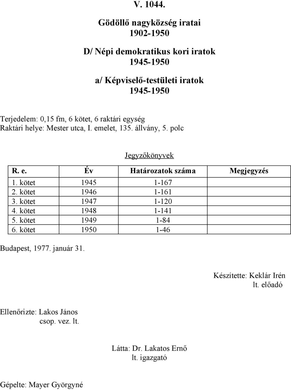 polc Jegyzőkönyvek R. e. Év Határozatok száma Megjegyzés 1. kötet 1945 1-167 2.