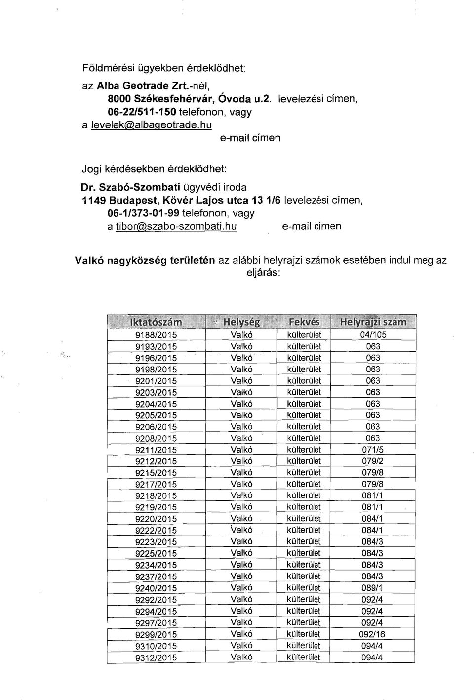 hu e-maii címen Valkó nagyközség területén az alábbi helyrajzi számok esetében indul meg az eljárás: ~.. I ~ '--- i'r.._'. IldatósÍám.. 1'1. : ~ I féfl yseg~ l ~ ','"fej<vés Q ~.. H ely r~llszám.