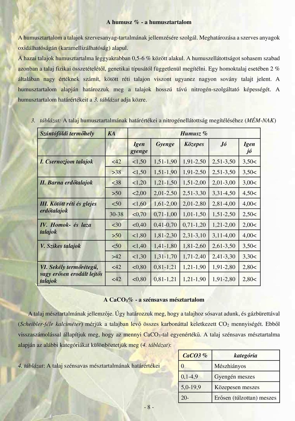 Egy homoktalaj esetében 2 % általában nagy értéknek számít, kötött réti talajon viszont ugyanez nagyon sovány talajt jelent.