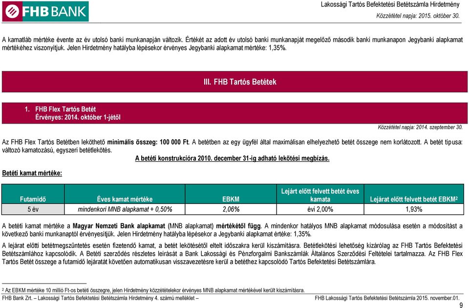 szeptember 30. Az FHB Flex Tartós Betétben leköthető minimális összeg: 100 000 Ft. A betétben az egy ügyfél által maximálisan elhelyezhető betét összege nem korlátozott.