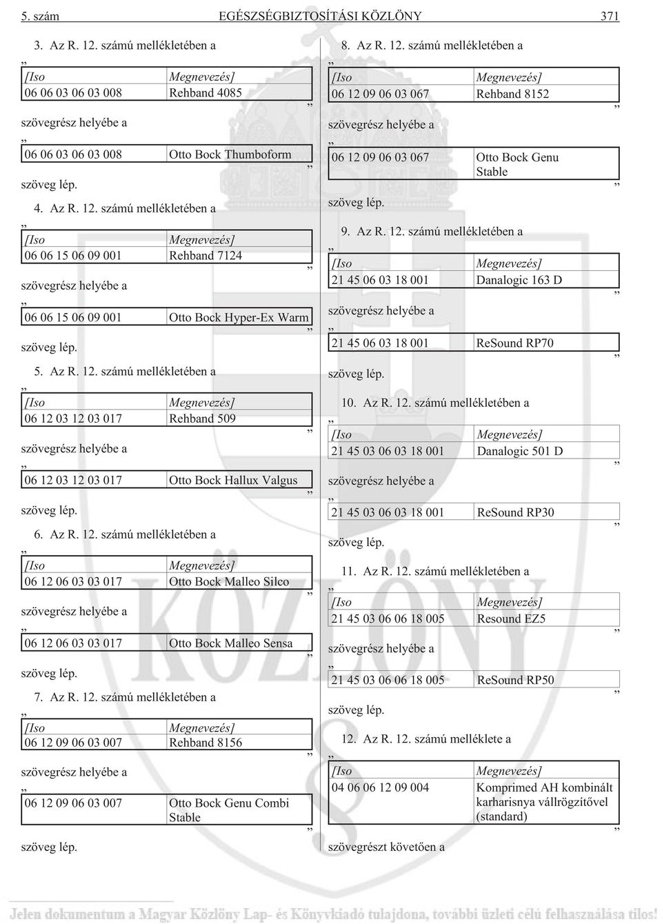 7. Az R. 12. számú mellékletében a 06 12 09 06 03 007 Rehband 8156 szövegrész helyébe a 06 12 09 06 03 007 Otto Bock Genu Combi Stable szöveg lép. 8. Az R. 12. számú mellékletében a 06 12 09 06 03 067 Rehband 8152 szövegrész helyébe a 06 12 09 06 03 067 Otto Bock Genu Stable szöveg lép.