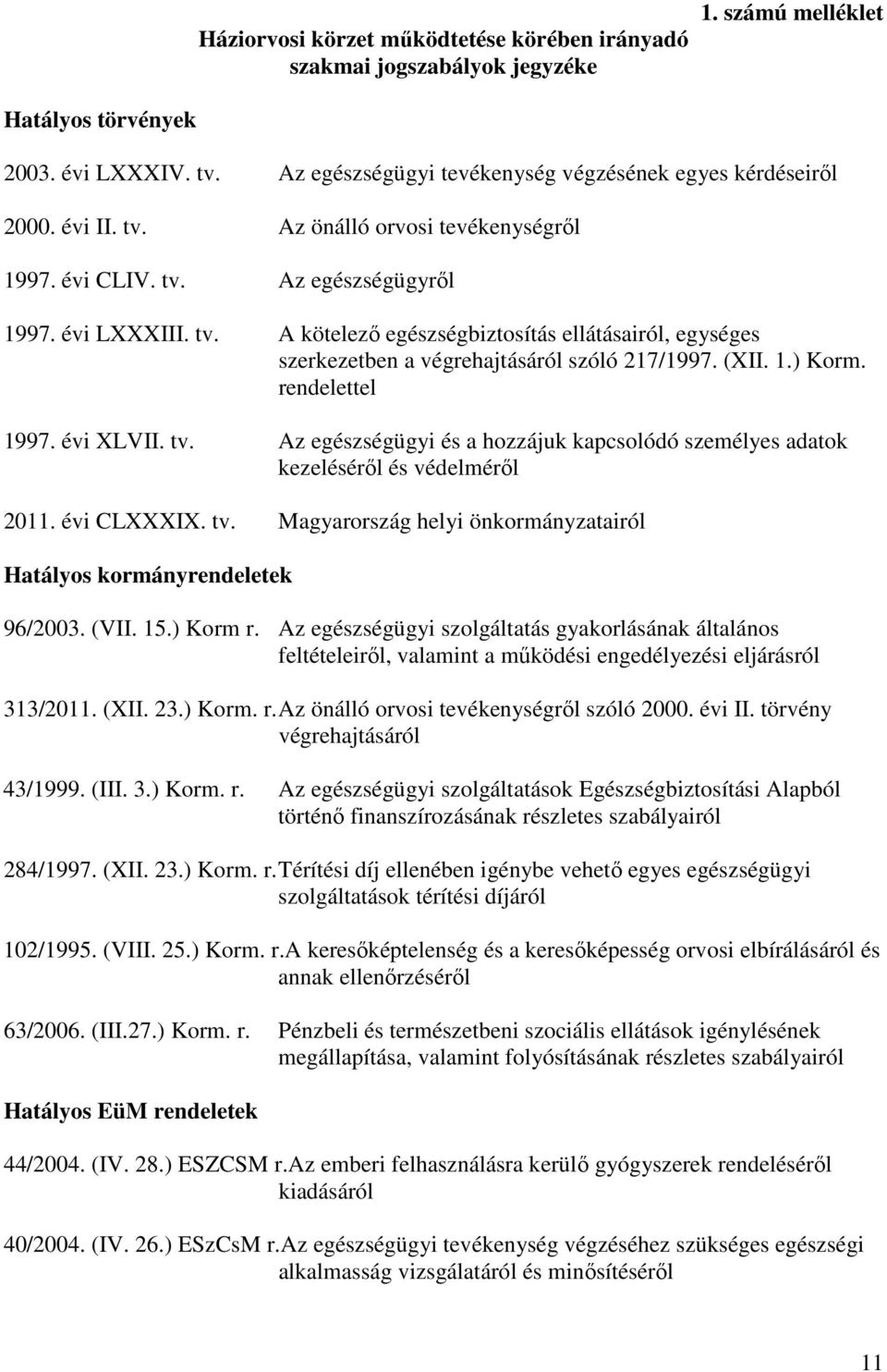(XII. 1.) Korm. rendelettel 1997. évi XLVII. tv. Az egészségügyi és a hozzájuk kapcsolódó személyes adatok kezeléséről és védelméről 2011. évi CLXXXIX. tv. Magyarország helyi önkormányzatairól Hatályos kormányrendeletek 96/2003.