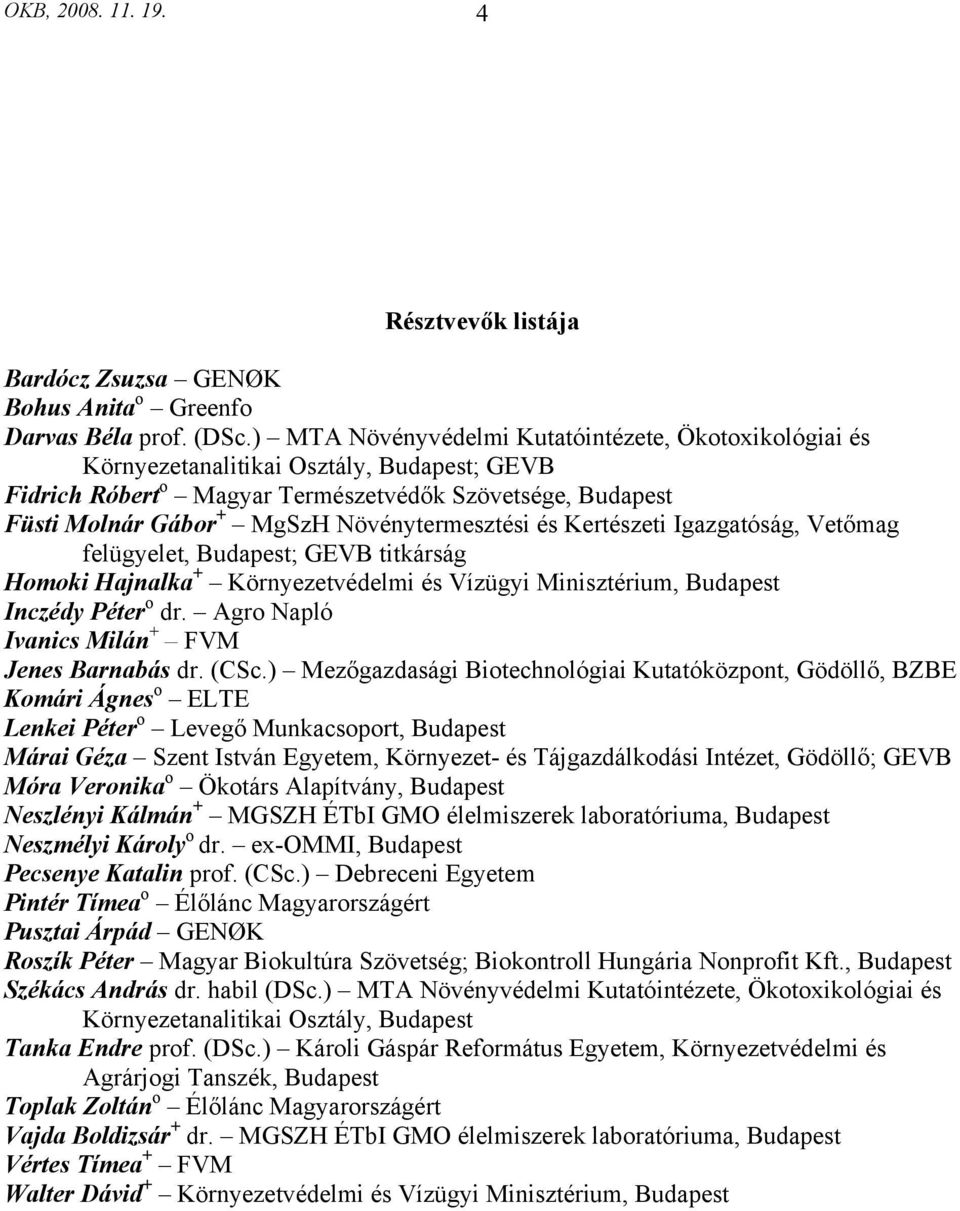 Növénytermesztési és Kertészeti Igazgatóság, Vetőmag felügyelet, Budapest; GEVB titkárság Homoki Hajnalka + Környezetvédelmi és Vízügyi Minisztérium, Budapest Inczédy Péter o dr.