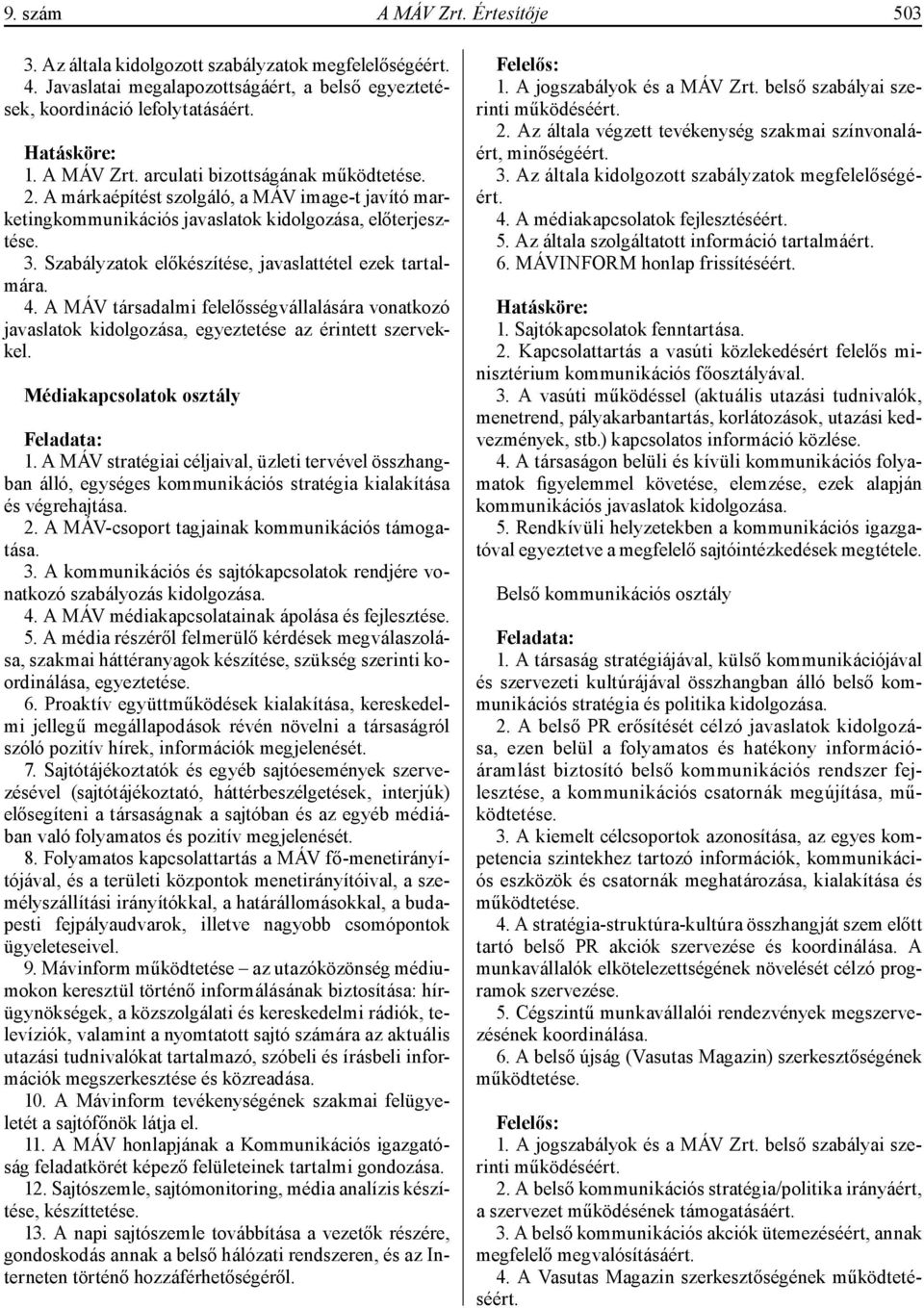 A MÁV társadalmi felelősségvállalására vonatkozó javaslatok kidolgozása, egyeztetése az érintett szervekkel. Médiakapcsolatok osztály 1.