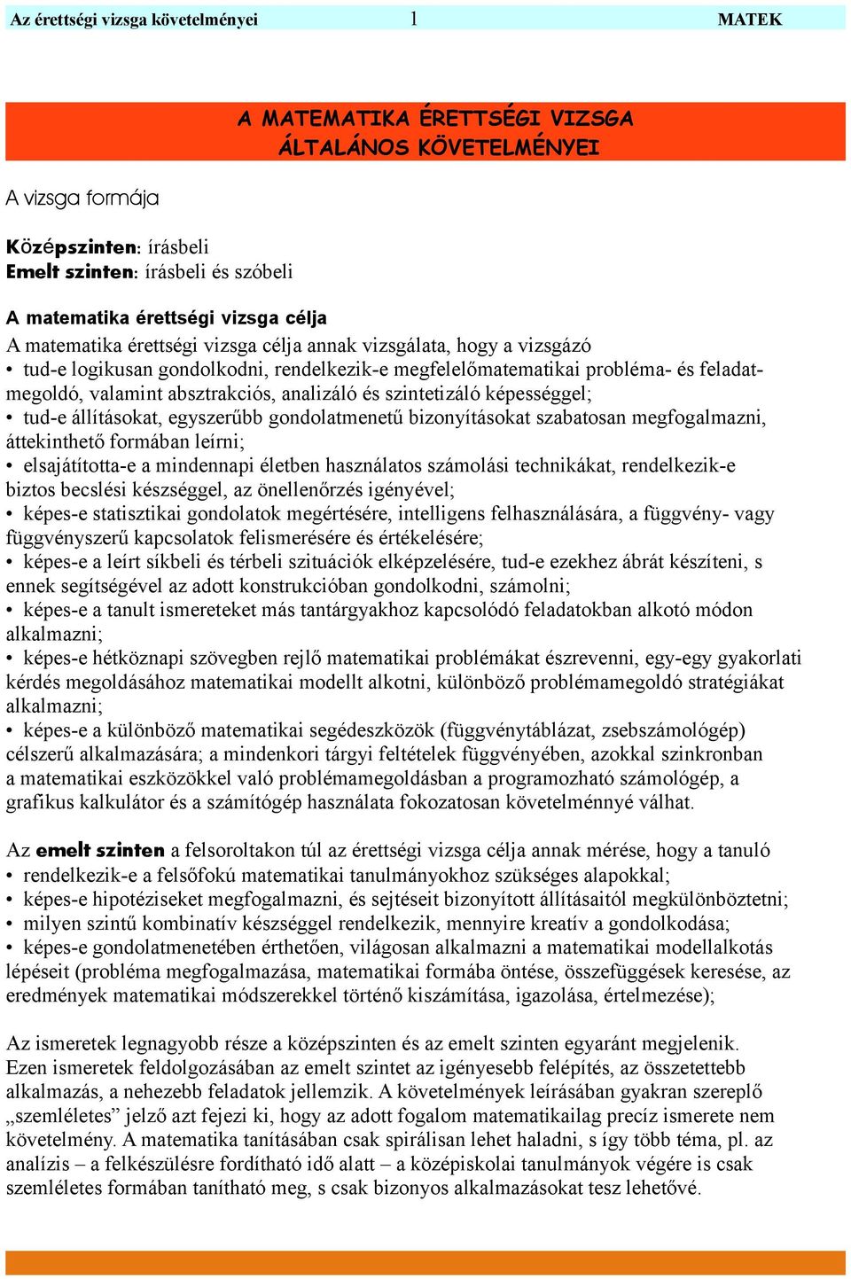 A MATEMATIKA ÉRETTSÉGI VIZSGA ÁLTALÁNOS KÖVETELMÉNYEI. A vizsga formája.  Közé pszinten: írásbeli Emelt szinten: írásbeli és szóbeli - PDF Free  Download