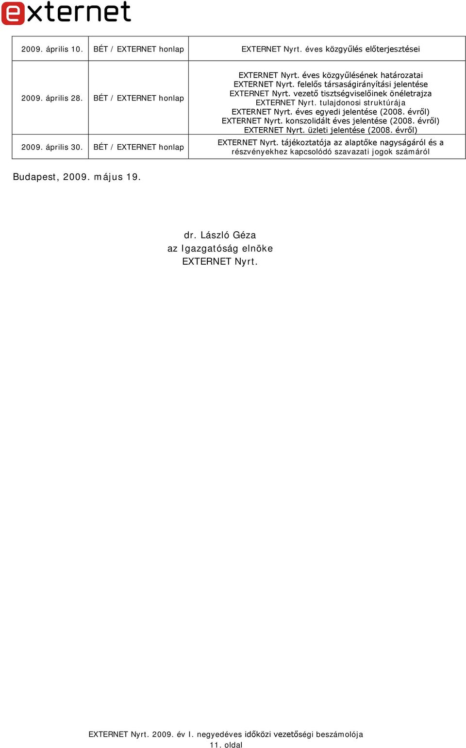 vezető tisztségviselőinek önéletrajza EXTERNET Nyrt. tulajdonosi struktúrája EXTERNET Nyrt. éves egyedi jelentése (2008. évről) EXTERNET Nyrt. konszolidált éves jelentése (2008.