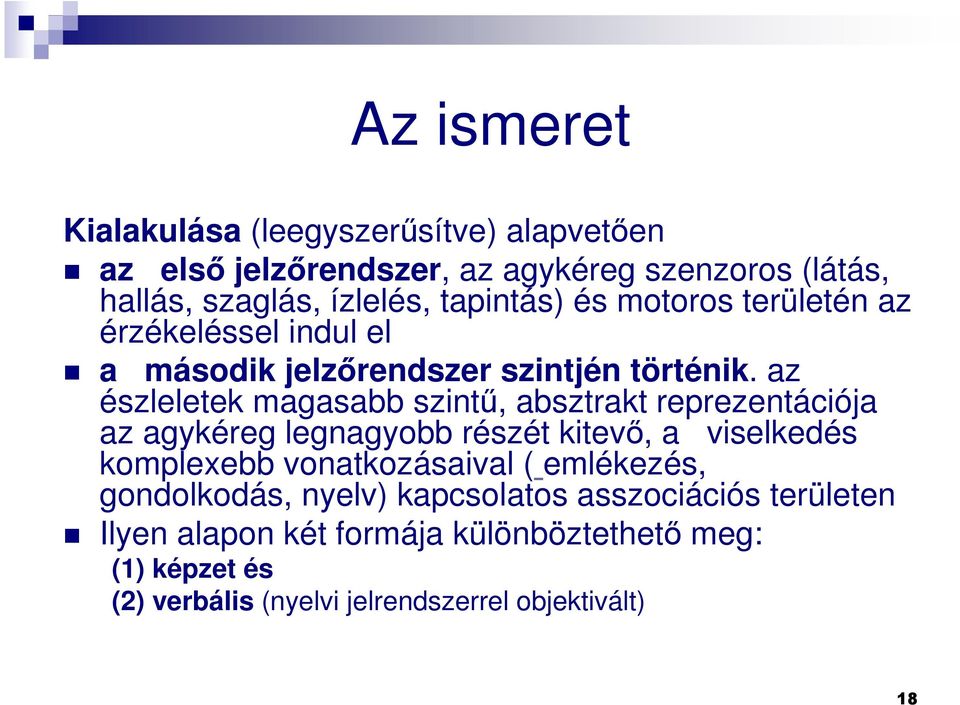 az észleletek magasabb szintő, absztrakt reprezentációja az agykéreg legnagyobb részét kitevı, a viselkedés komplexebb vonatkozásaival