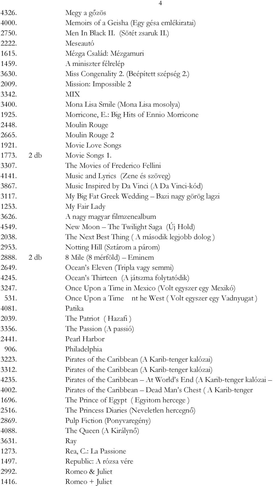 Moulin Rouge 2 1921. Movie Love Songs 1773. 2 db Movie Songs 1. 3307. The Movies of Frederico Fellini 4141. Music and Lyrics (Zene és szöveg) 3867. Music Inspired by Da Vinci (A Da Vinci-kód) 3117.