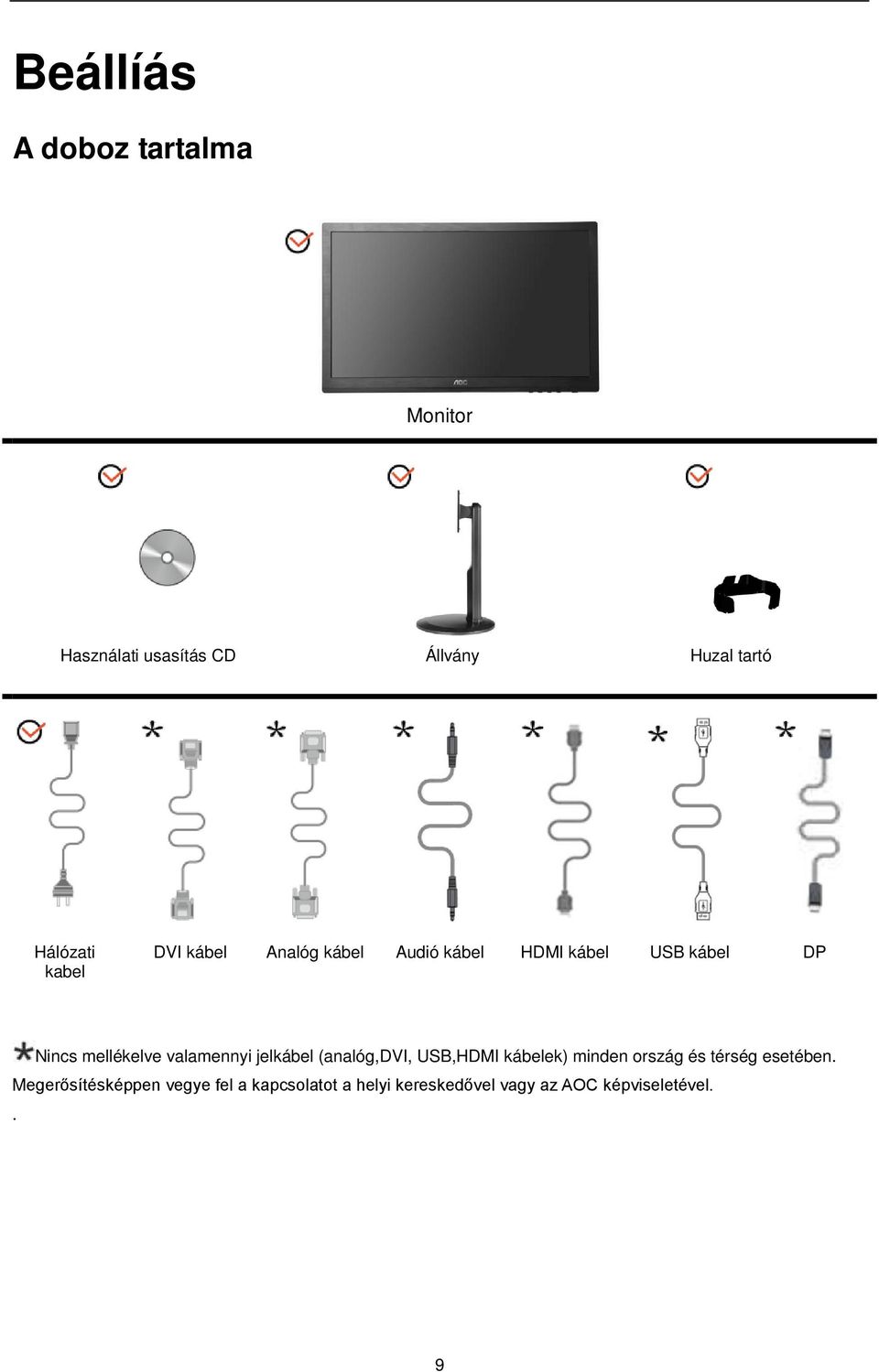 valamennyi jelkábel (analóg,dvi, USB,HDMI kábelek) minden ország és térség esetében.