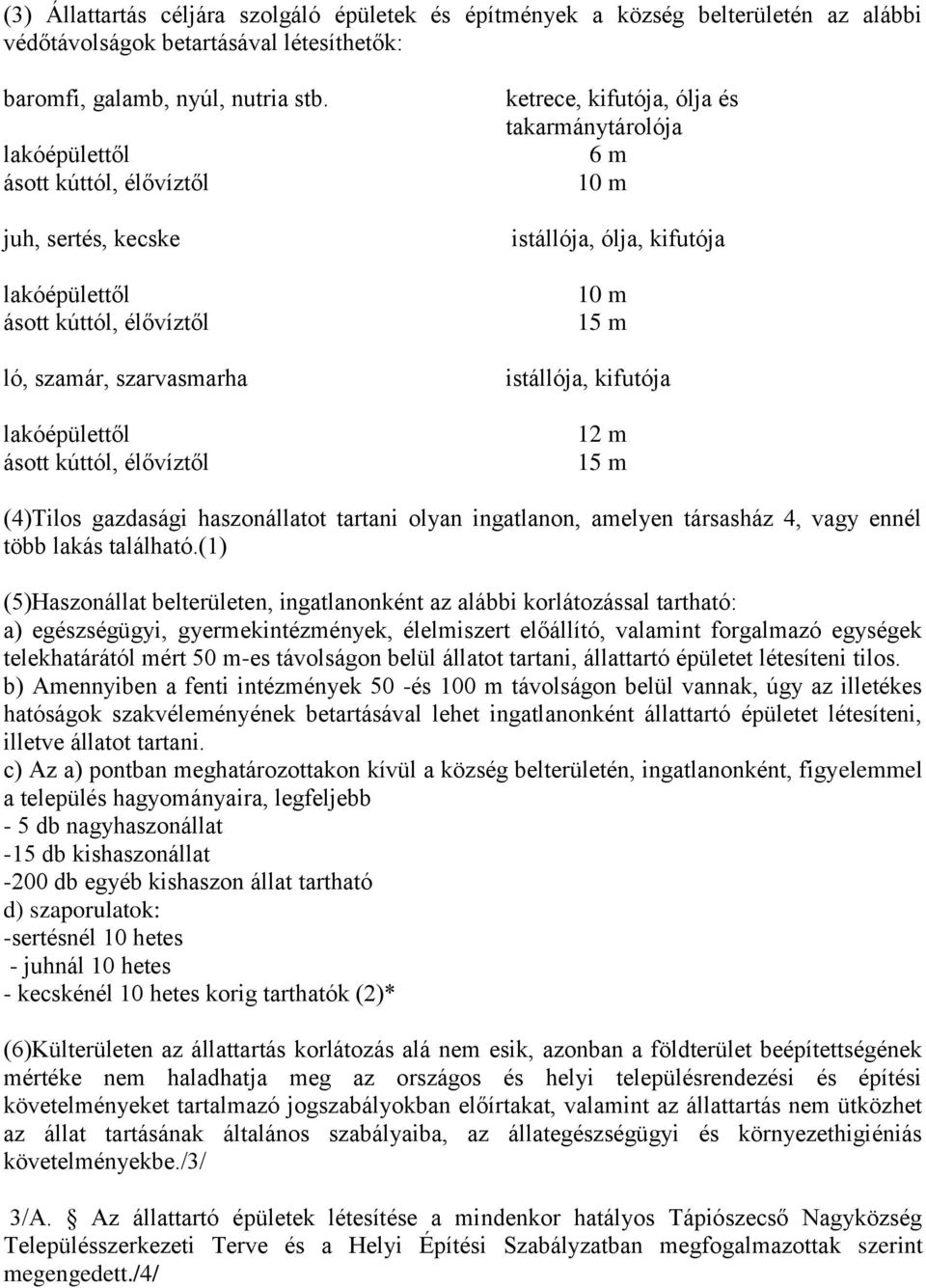 takarmánytárolója 6 m 10 m istállója, ólja, kifutója 10 m 15 m istállója, kifutója 12 m 15 m (4)Tilos gazdasági haszonállatot tartani olyan ingatlanon, amelyen társasház 4, vagy ennél több lakás