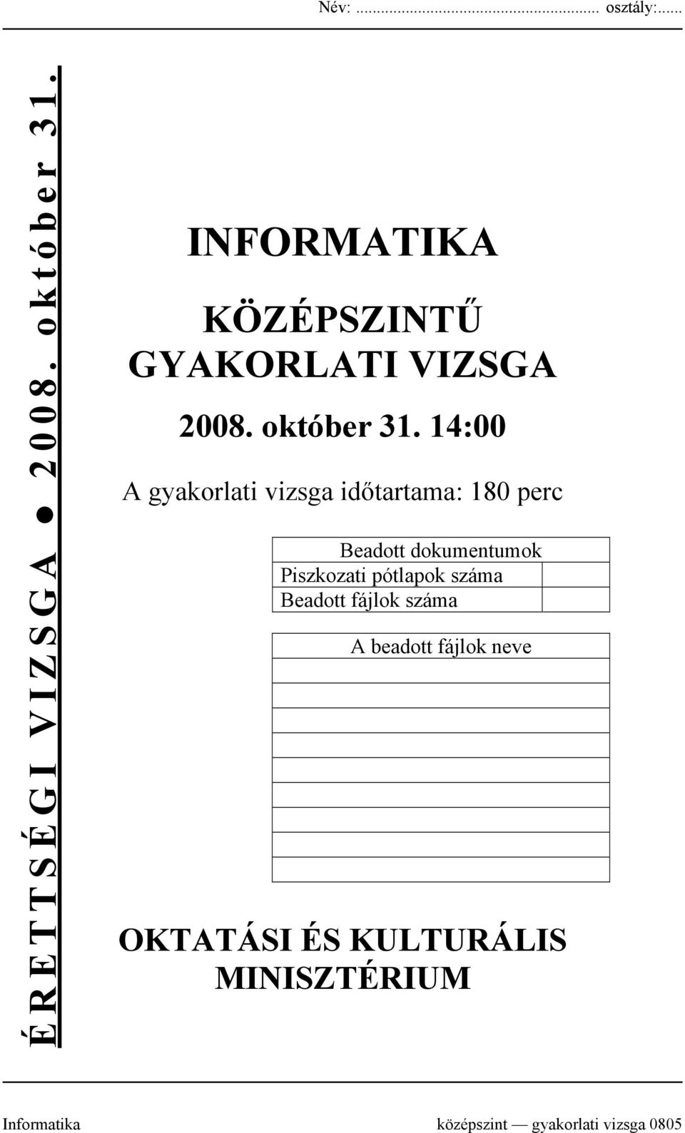 14:00 A gyakorlati vizsga időtartama: 180 perc Beadott dokumentumok Piszkozati