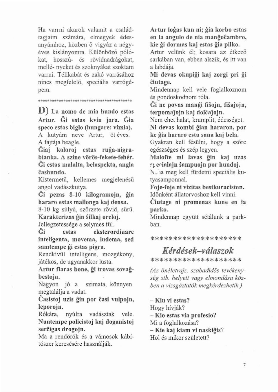 Ci estas kvin jara. Cia speco estas biglo (hungare: vizsla). A kutyám neve Artur, öt éves. A fajtája beagle. Ciaj koloroj estas ruga-nigrablanka. A színe vörös-fekete-fehér.
