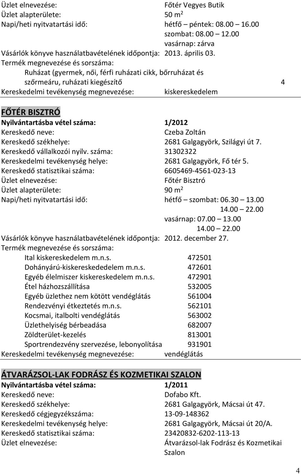 Szilágyi út 7. Kereskedő vállalkozói nyilv. száma: 31302322 Kereskedelmi tevékenység helye: 2681 Galgagyörk, Fő tér 5.