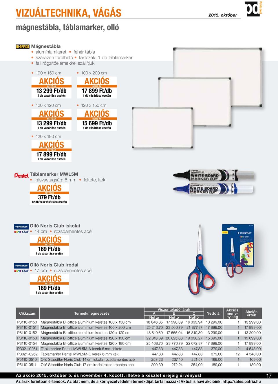 rozsdamentes acél 169 Ft/db Olló Noris Club irodai 17 cm rozsdamentes acél 189 Ft/db A B C Nettó ár menynyiség P8110-0150 Mágnestábla Bi-office alumínium keretes 100 x 150 cm 18 846,85 17 590,39 16