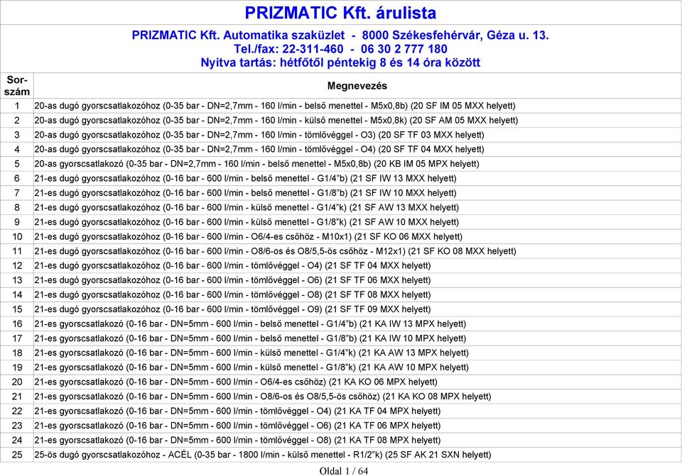 (20 SF IM 05 MXX helyett) 20-as dugó gyorscsatlakozóhoz (0-35 bar - DN=2,7mm - 160 l/min - külső menettel - M5x0,8k) (20 SF AM 05 MXX helyett) 20-as dugó gyorscsatlakozóhoz (0-35 bar - DN=2,7mm - 160