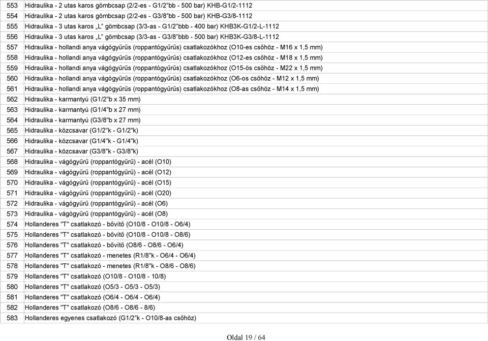 (roppantógyűrűs) csatlakozókhoz (O10-es csőhöz - M16 x 1,5 mm) 558 Hidraulika - hollandi anya vágógyűrűs (roppantógyűrűs) csatlakozókhoz (O12-es csőhöz - M18 x 1,5 mm) 559 Hidraulika - hollandi anya