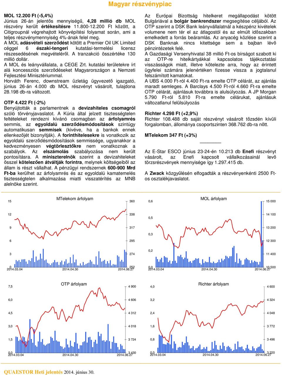 A MOL adásvételi szerződést kötött a Premier Oil UK Limited céggel 6 északi-tengeri kutatási-termelési licensz részesedésének megvételéről. A tranzakció összértéke 13 millió dollár.