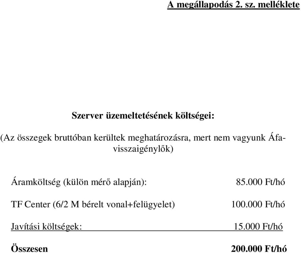 meghatározásra, mert nem vagyunk Áfavisszaigénylők) Áramköltség (külön mérő
