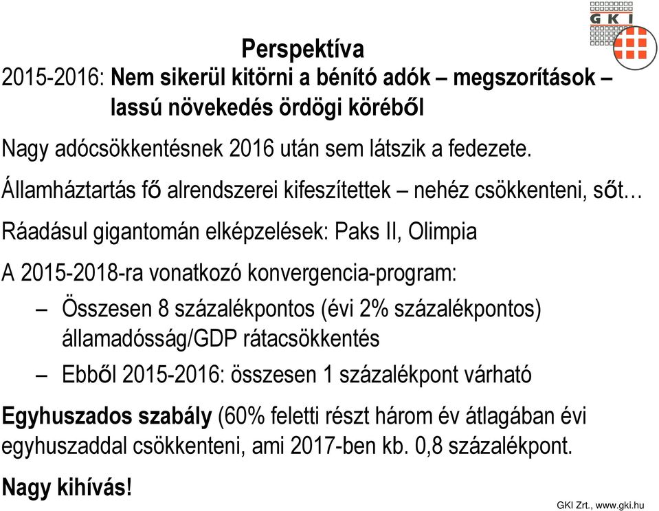 Államháztartás fő alrendszerei kifeszítettek nehéz csökkenteni, sőt Ráadásul gigantomán elképzelések: Paks II, Olimpia A 2015-2018-ra vonatkozó