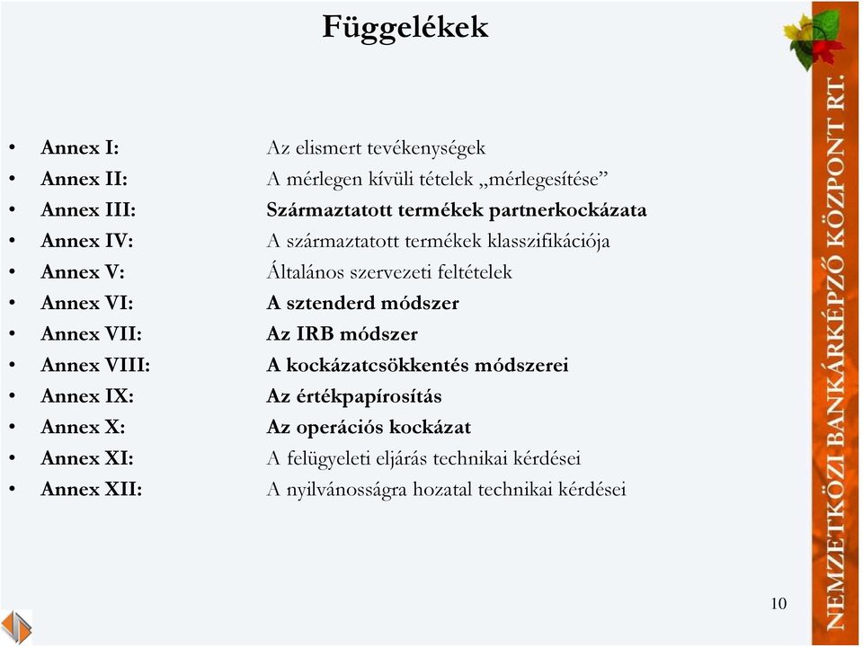 VI: A sztenderd módszer Annex VII: Az IRB módszer Annex VIII: A kockázatcsökkentés módszerei Annex IX: Az értékpapírosítás