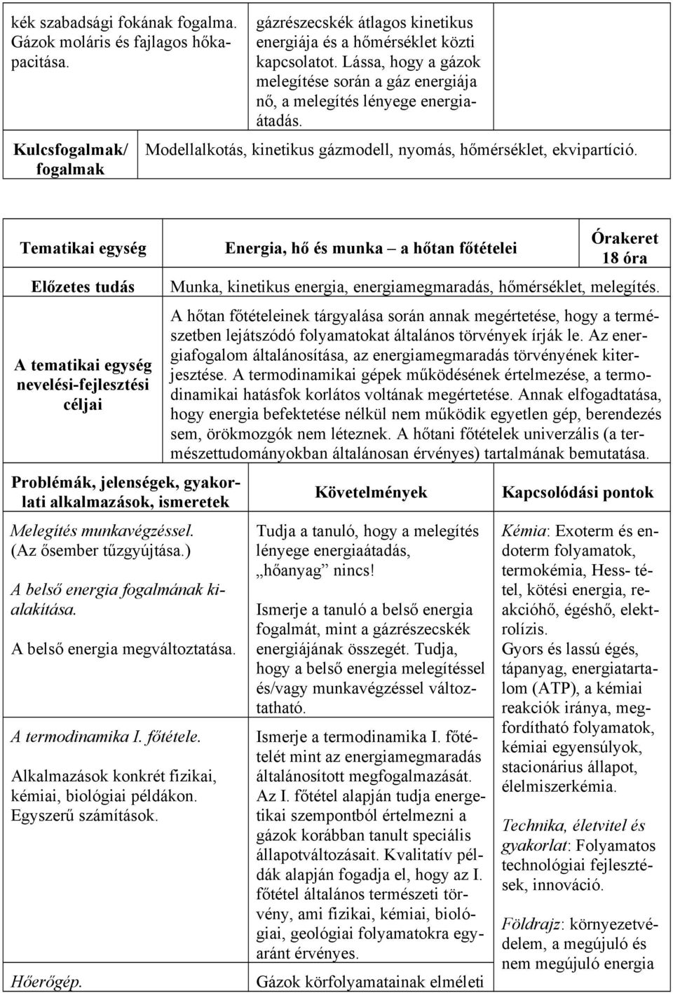 Tematikai egység Előzetes tudás A tematikai egység nevelési-fejlesztési céljai Problémák, jelenségek, gyakorlati alkalmazások, ismeretek Melegítés munkavégzéssel. (Az ősember tűzgyújtása.