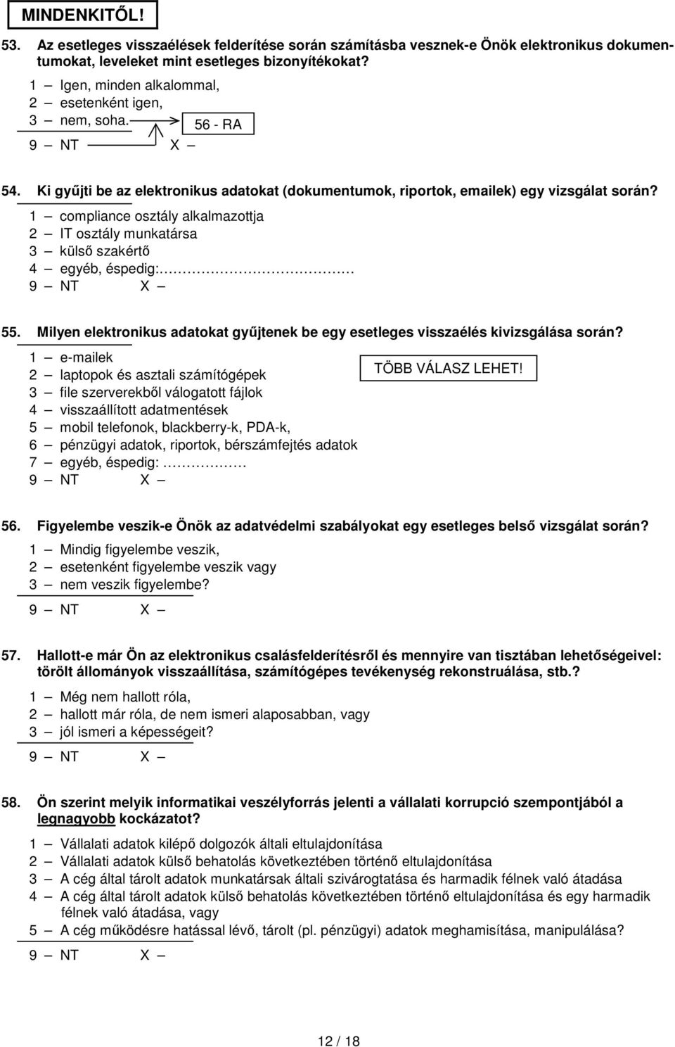 1 compliance osztály alkalmazottja 2 IT osztály munkatársa 3 külső szakértő 4 egyéb, éspedig: 55. Milyen elektronikus adatokat gyűjtenek be egy esetleges visszaélés kivizsgálása során?