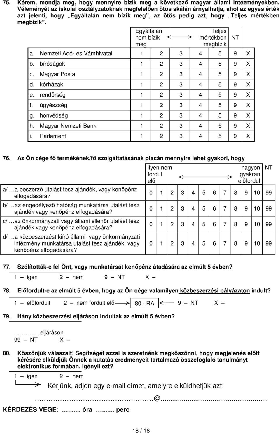 Egyáltalán nem bízik meg Teljes mértékben megbízik a. Nemzeti Adó- és Vámhivatal 1 2 3 4 5 9 X b. bíróságok 1 2 3 4 5 9 X c. Magyar Posta 1 2 3 4 5 9 X d. kórházak 1 2 3 4 5 9 X e.