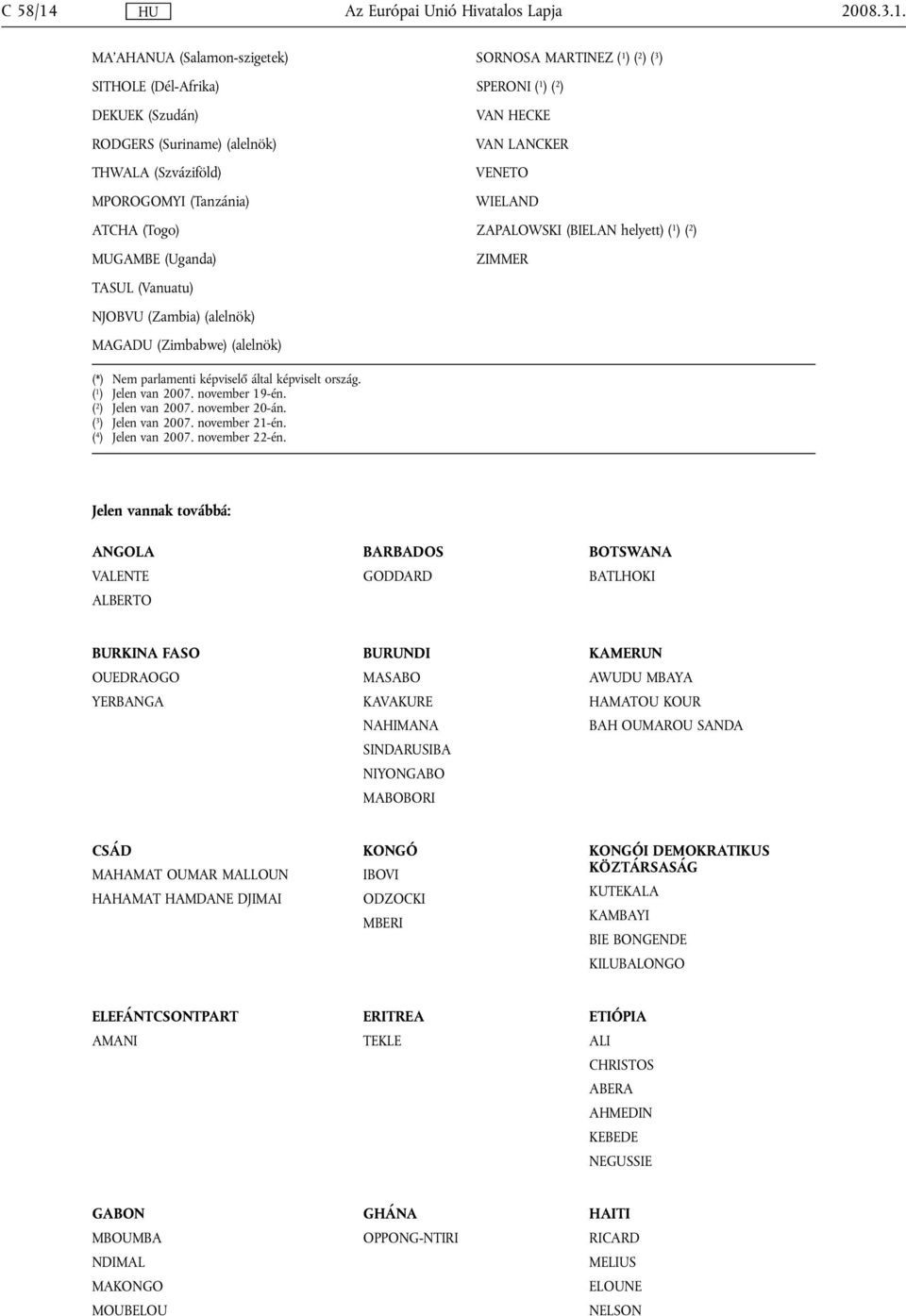MA'AHANUA (Salamon-szigetek) SORNOSA MARTINEZ ( 1 ) ( 2 ) ( 3 ) SITHOLE (Dél-Afrika) SPERONI ( 1 ) ( 2 ) DEKUEK (Szudán) RODGERS (Suriname) (alelnök) THWALA (Szváziföld) MPOROGOMYI (Tanzánia) VAN