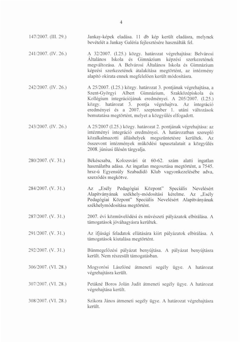 határozat végrehajtása: Belvárosi Általános Iskola és Gimnázium képzési szerkezetének megváltozása.