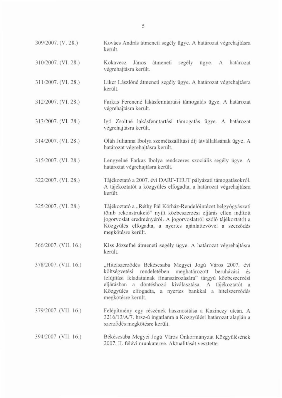 A határozat végrehajtásra Liker Lászlóné átmeneti segély ügye. A határozat végrehajtásra Farkas Ferencné lakásfenntartási támogatás ügye.