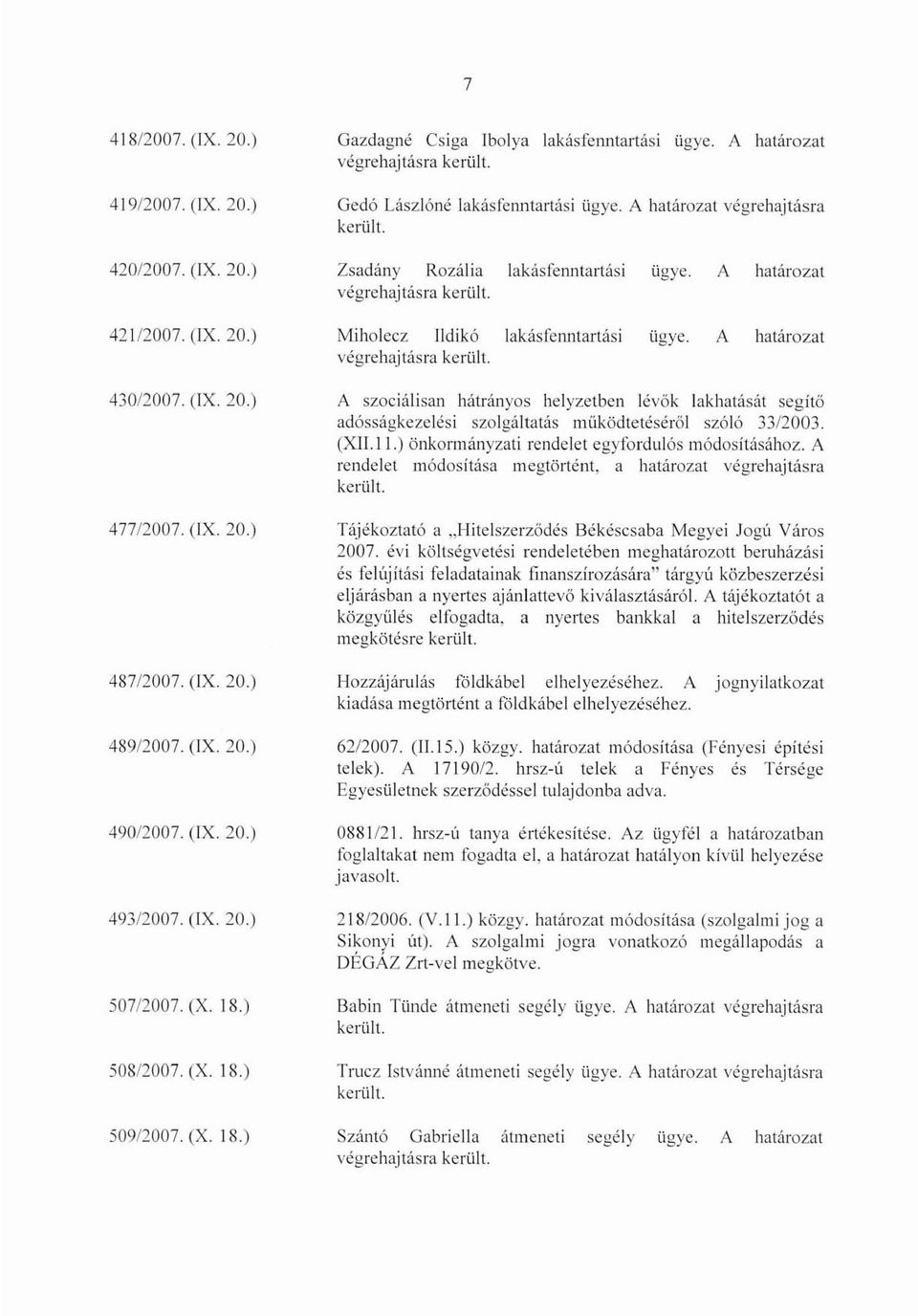 A határozat végrehajtásra Zsadány Rozália lakásfenntartási ügye. A határozat végrehajtásra Miholecz Ildikó lakásfcnntartási ügye.