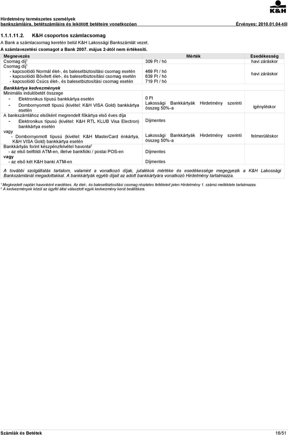 élet-, és balesetbiztosítási csomag esetén Bankkártya kedvezmények Minimális indulóbetét összege - Elektronikus típusú bankkártya esetén - Dombornyomott típusú (kivétel: K&H VISA Gold) bankkártya