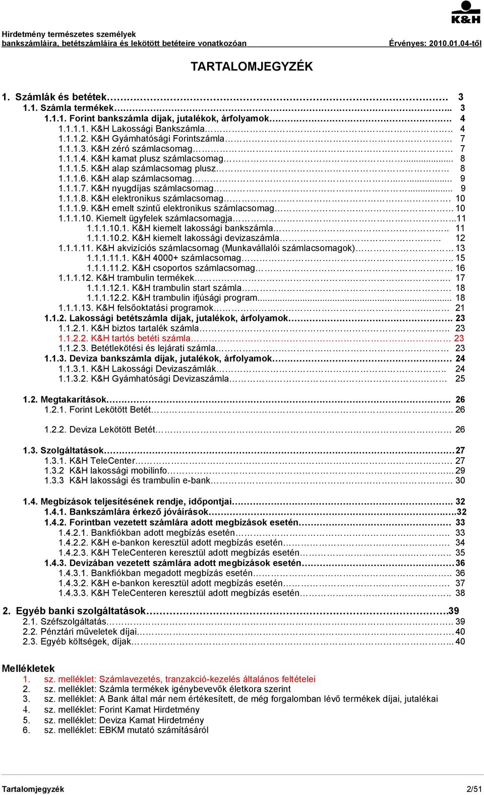..0. Kiemelt ügyfelek számlacsomagja......0.. K&H kiemelt lakossági bankszámla.....0.. K&H kiemelt lakossági devizaszámla... K&H akvizíciós számlacsomag (Munkavállalói számlacsomagok) 3.