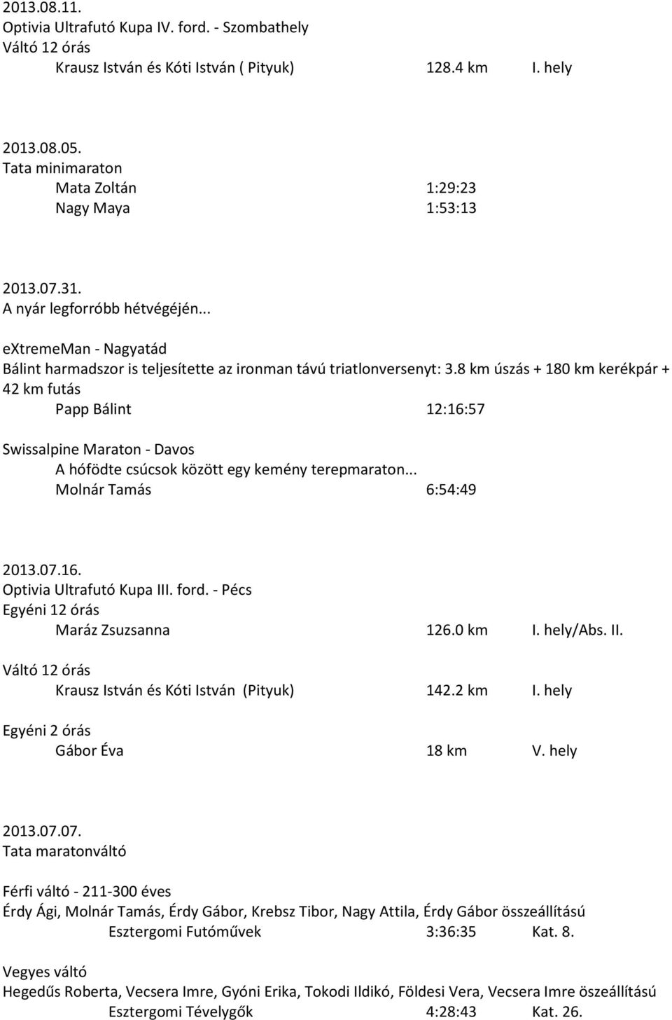 8 km úszás + 180 km kerékpár + 42 km futás Papp Bálint 12:16:57 Swissalpine Maraton - Davos A hófödte csúcsok között egy kemény terepmaraton... Molnár Tamás 6:54:49 2013.07.16. Optivia Ultrafutó Kupa III.