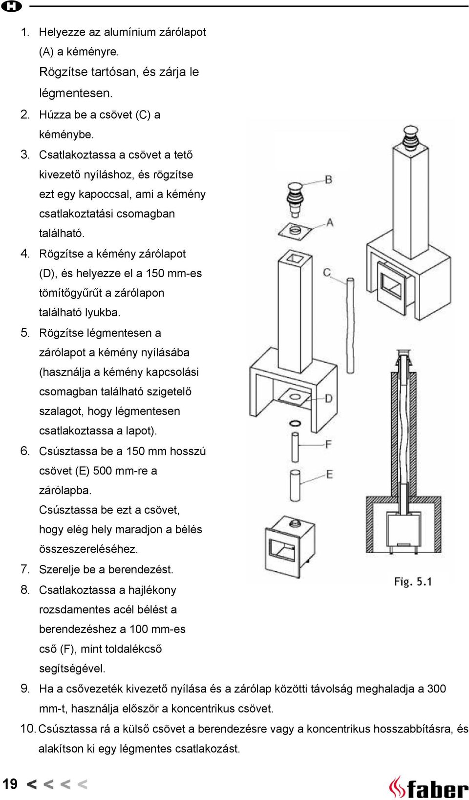 Rögzítse a kémény zárólapot (D), és helyezze el a 150 mm-es tömítőgyűrűt a zárólapon található lyukba. 5.