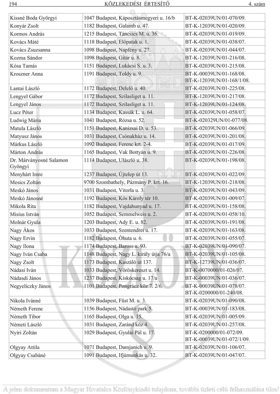 BT-K-02039UN/01-044/07. Kozma Sándor 1098 Budapest, Gitár u. 8. BT-K-12039UN/01-216/08. Kósa Tamás 1151 Budapest, Lukácsi S. u. 3. BT-K-02039UN/01-215/08. Kroszner Anna 1191 Budapest, Toldy u. 9.